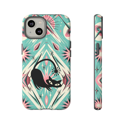 Atomic Cat, Mid Century Modern Aqua Blue, Pink, Starbursts Tough Phone Case