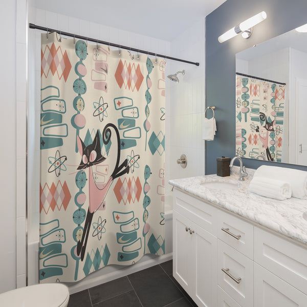 Atomic Cat Shower Curtain, Mid Century Modern Space, Googie Designed Retro Shower Curtain