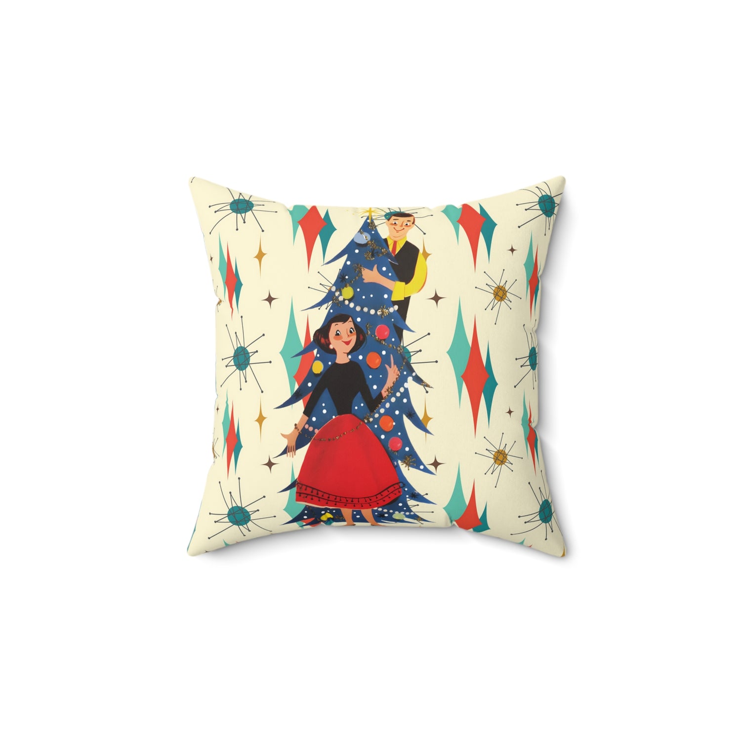 Mid Century Modern Franciscan Diamond Pattern, Kitschy 50s Christmas Couple Pillow And Insert