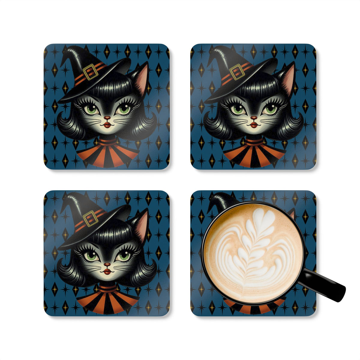 Vintage Halloween Black Cat Sexy Sexton Mid Century Modern Blue Corkwood Coaster Set - Mid Century Modern Gal