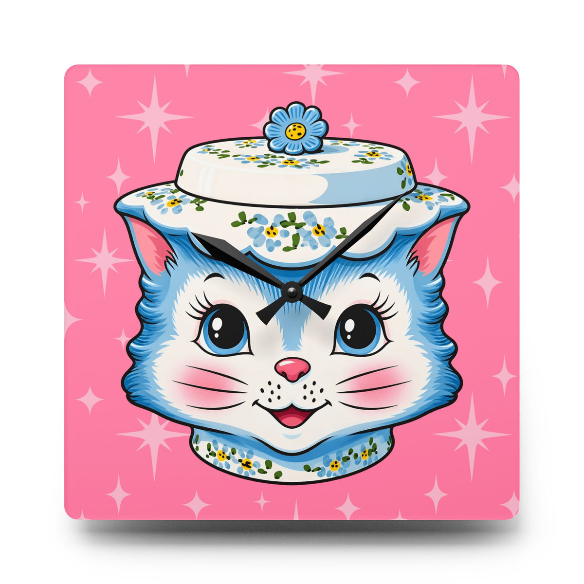 Mid Century Modern Kitschy Anthropomorphic Blue Cat with Floral Hat Acrylic Wall Clock