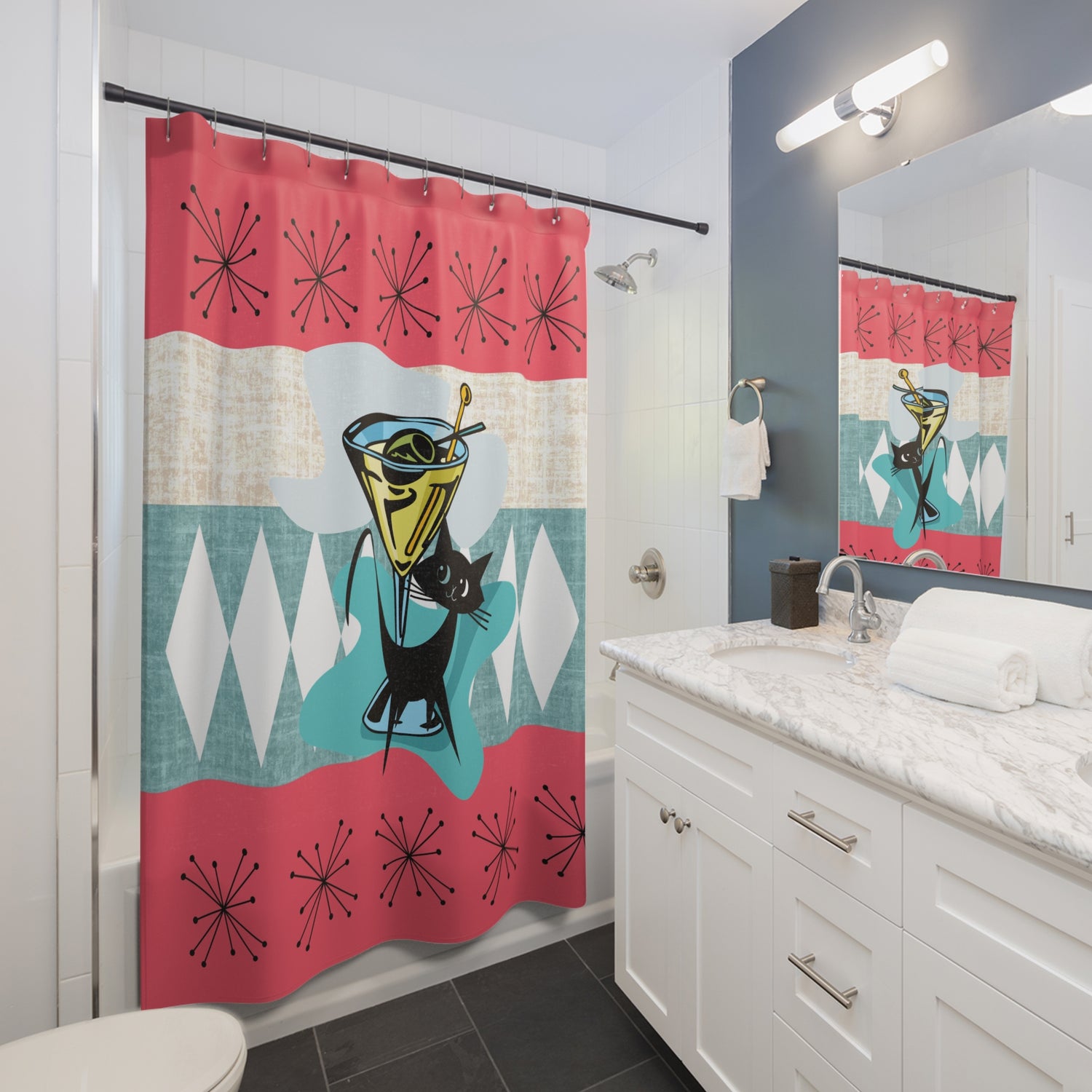 Atomic Cat, Martini Tini Time Kitschy Coral, Teal Atomic Starbursts Retro Cocktail Shower Curtain – Fun Mid-Century Design for Home Decor - Mid Century Modern Gal