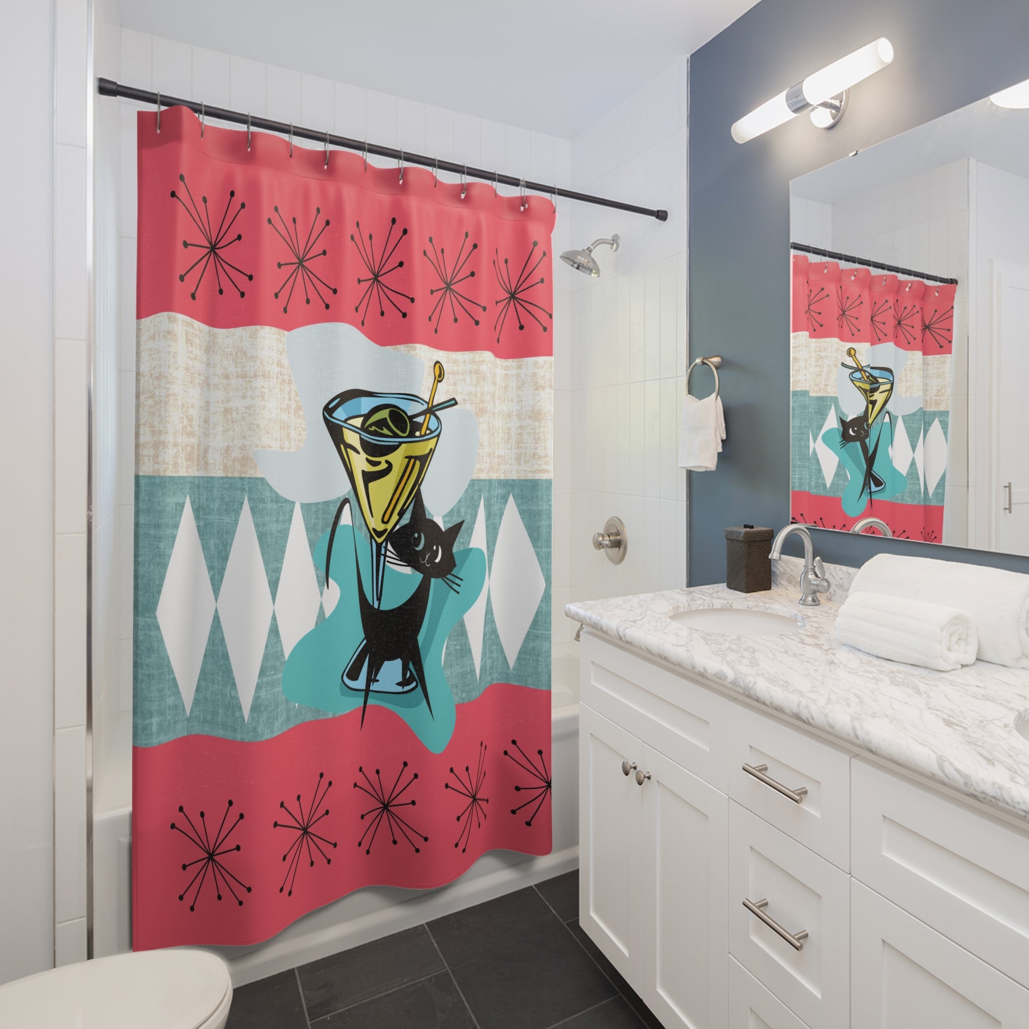 Atomic Cat, Martini Tini Time Kitschy Coral, Teal Atomic Starbursts Retro Cocktail Shower Curtain – Fun Mid-Century Design for Home Decor - Mid Century Modern Gal