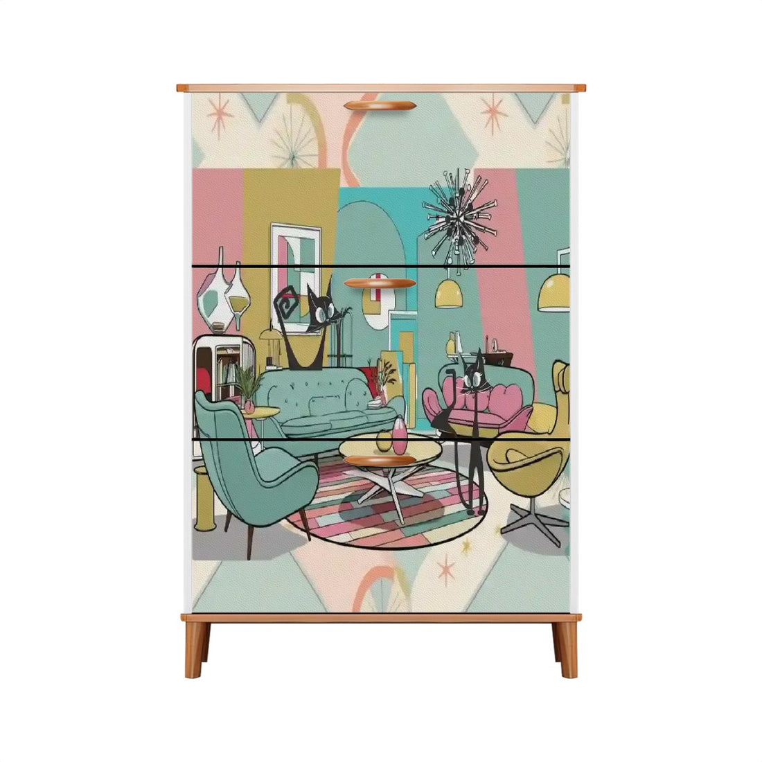 Atomic Cat, Mid Century Modern Lounging Retro Cats, MCM Shoe Cabinet