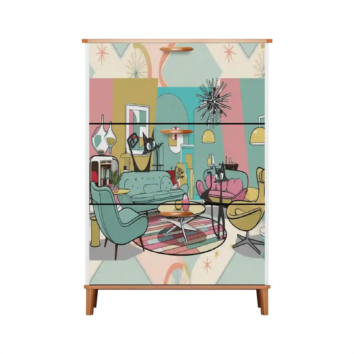 Atomic Cat, Mid Century Modern Lounging Retro Cats, MCM Shoe Cabinet