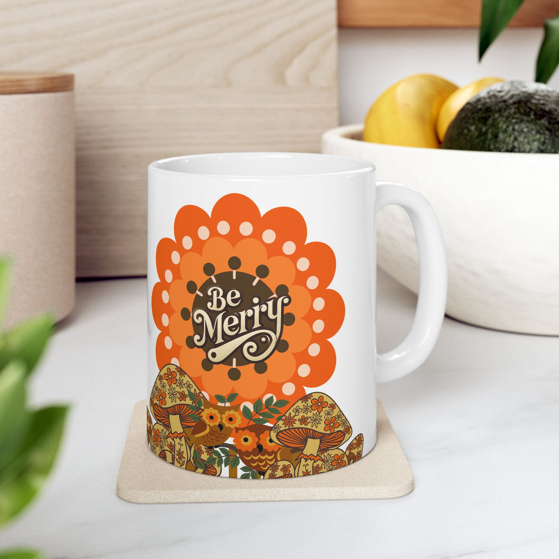 Sears Merry Mushroom, Be Merry 70s Flower Power Groovy Gal Whimsical Floral Ceramic Mug - Mid Century Modern Gal