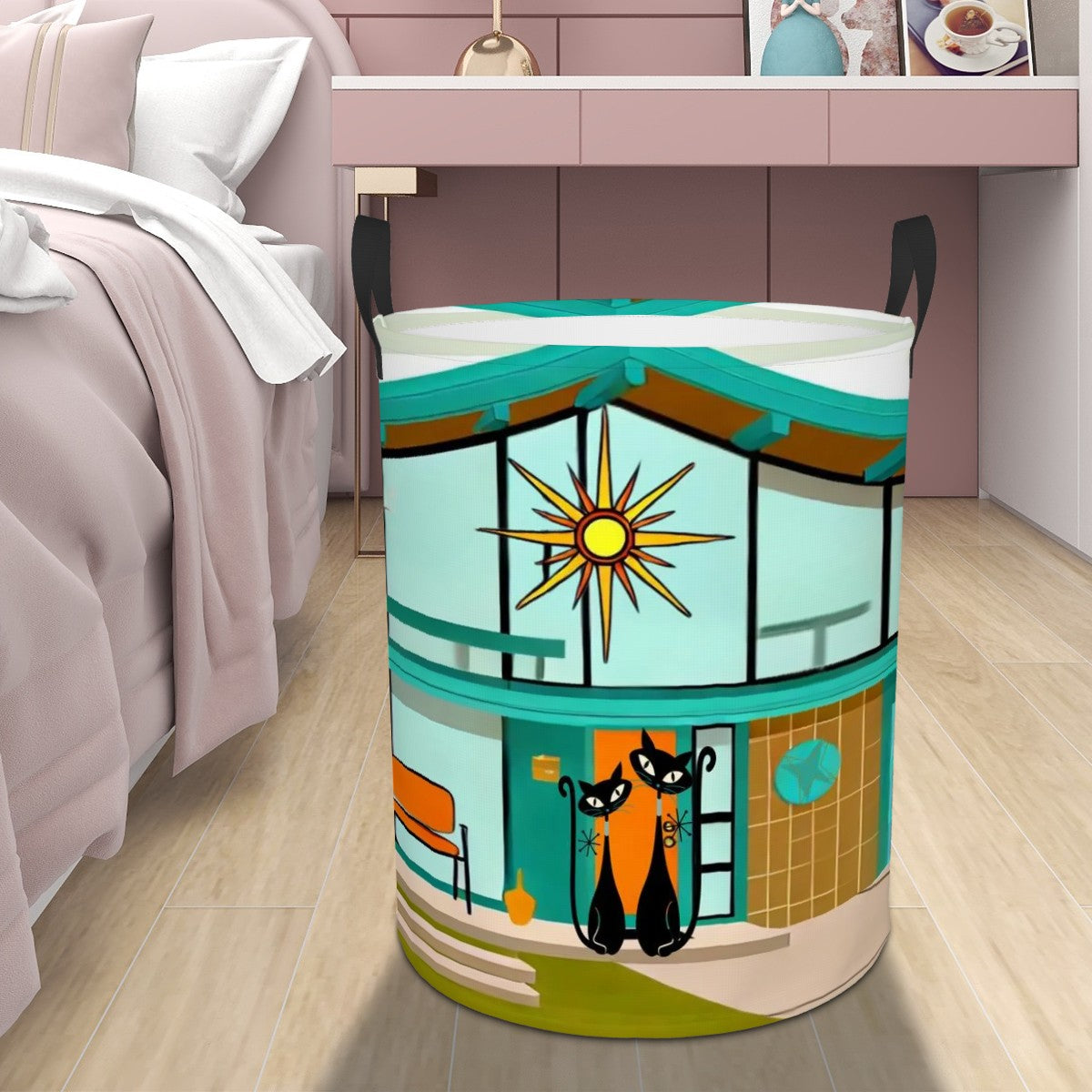 Atomic Cats, Mid Century Modern House Design Kitschy Mod Circular Laundry Basket