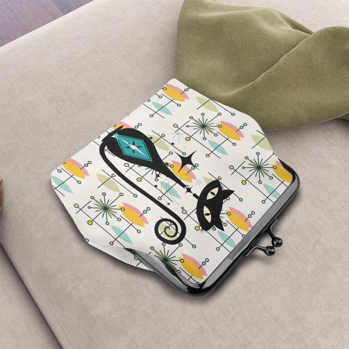 Atomic Cat Mid Century Modern Starburst Retro Coin Purse for Women - Mid Century Modern Gal