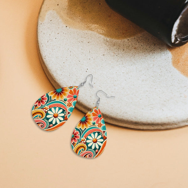 70s Retro Flower Power Groovy Mod Vegan Leather Teardrop Earrings