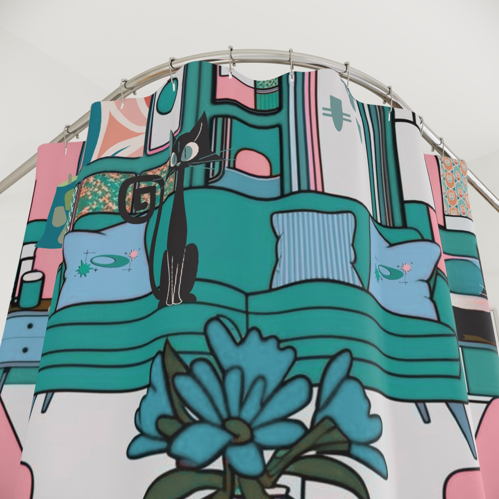 Atomic Cat Mid Century Modern Quirky Whimiscal Cat-Themed Shower Curtain for Trendy Home Décor - Mid Century Modern Gal