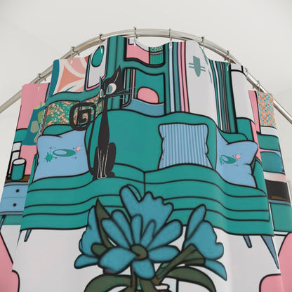 Atomic Cat Mid Century Modern Quirky Whimiscal Cat-Themed Shower Curtain for Trendy Home Décor - Mid Century Modern Gal