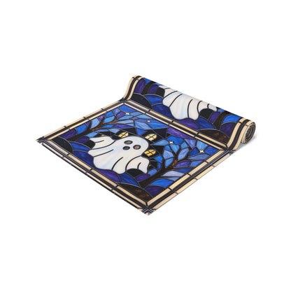 Halloween Stained Glass Style Ghost Haunted House Table Runner