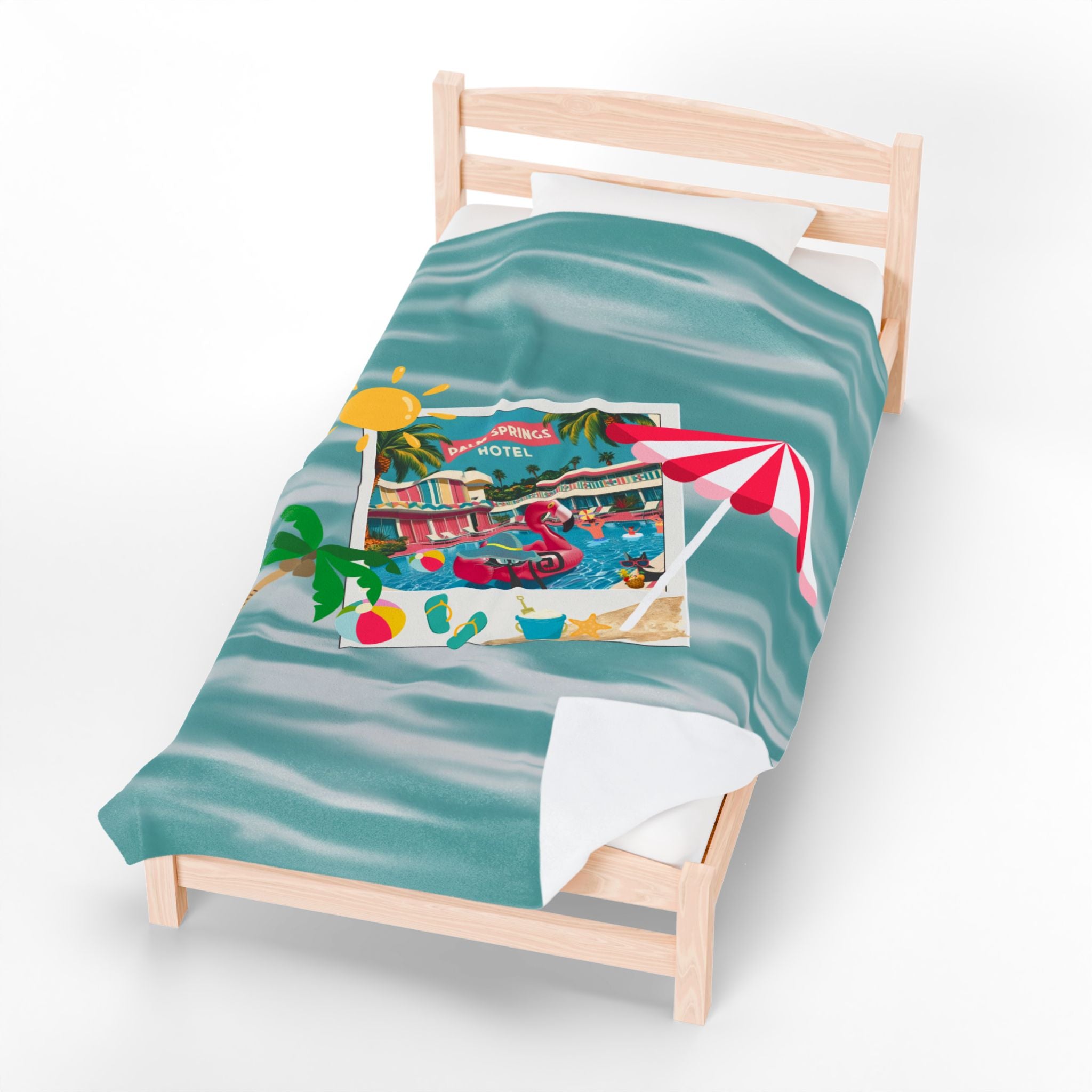 Palm Springs Hotel Retro Mod Flamingo And Atomic Cats, Tropical Getaway Velveteen Plush Blanket - Perfect for Beach Days and Cozy Nights - Mid Century Modern Gal