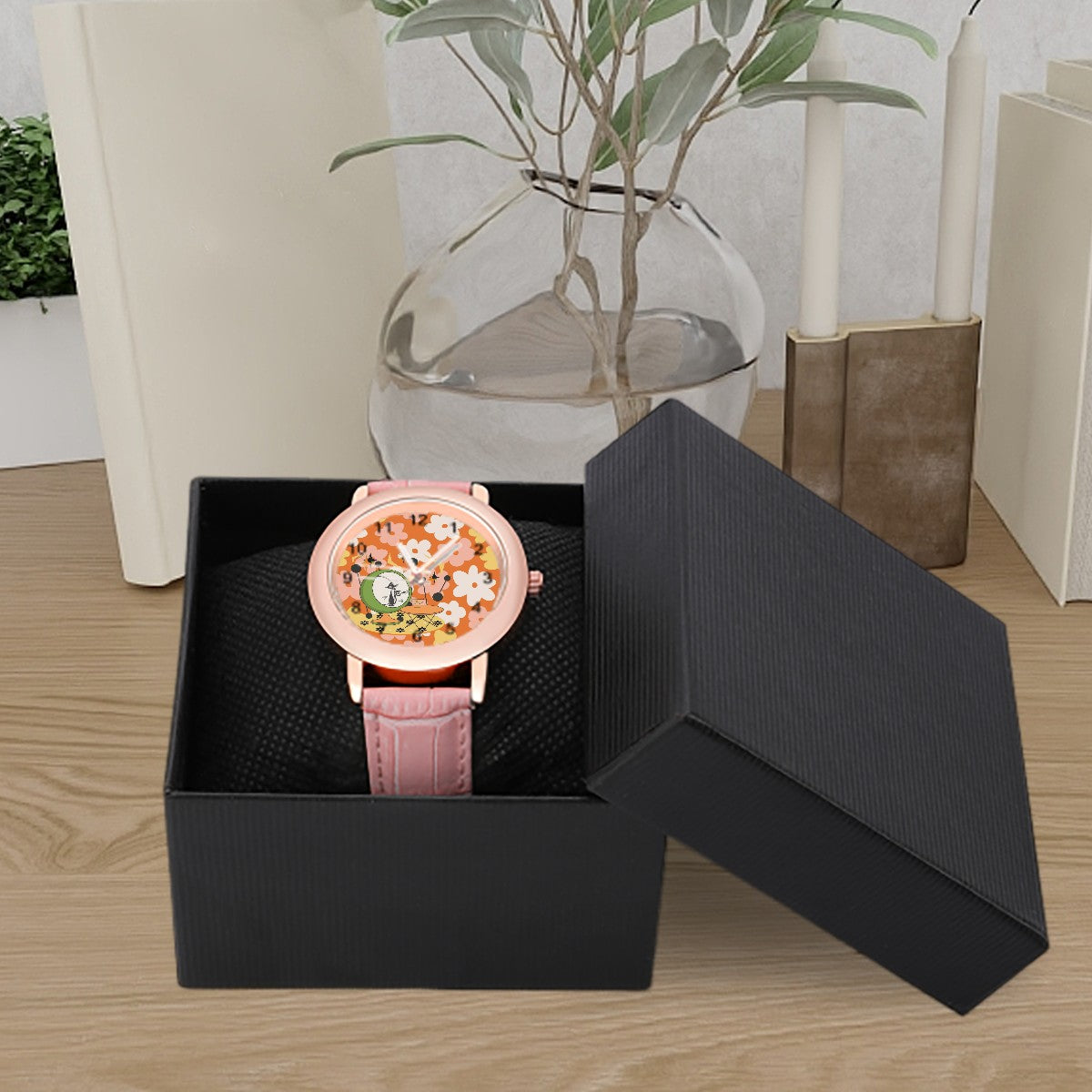 Groovy Retro Floral Orange, Pink Mid Mod Atomic Cat Women's Leather Watch - Mid Century Modern Gal