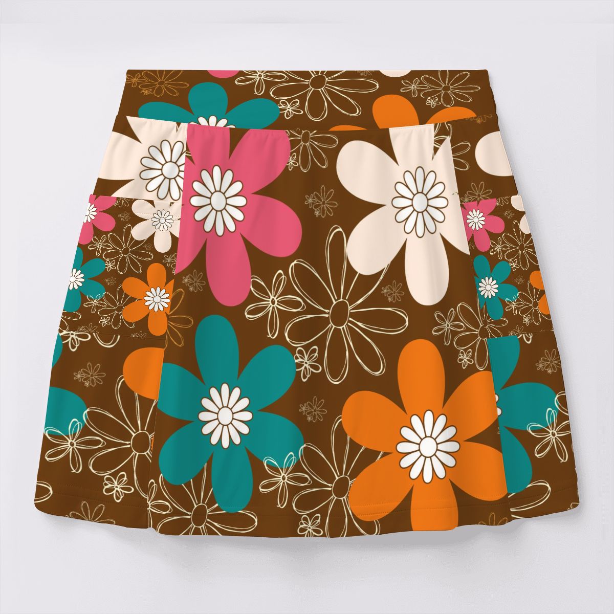 Retro Mod 70s Brown, Orange Teal, Pink Groovy Women's Tennis Skort with Pockets - Mid Century Modern Gal
