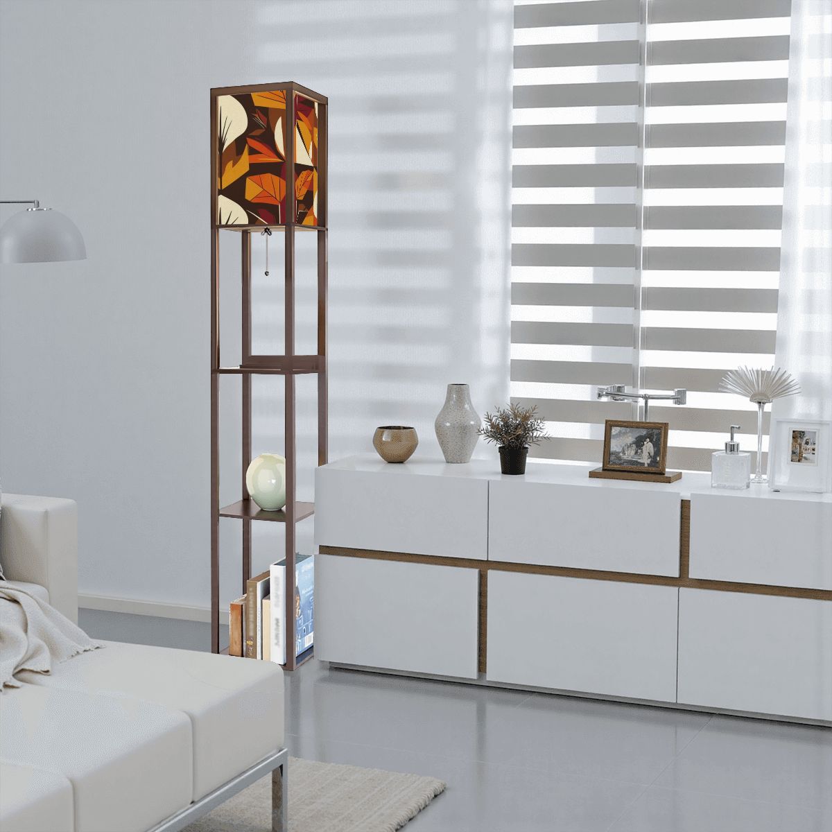 Modern Scandinavian Floral Harvest Blend Golden Yellow, Orange Mid Mod Floor Lamp with Shelves - Mid Century Modern Gal