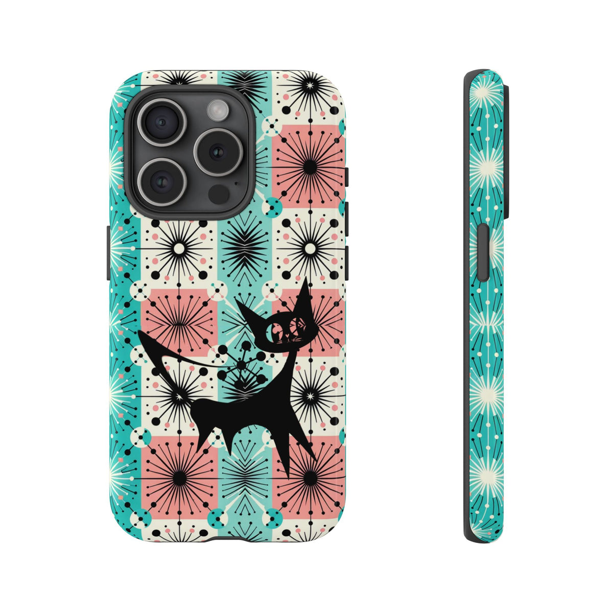 Atomic Kitschy Cat, Mid Century Modern Pink, Aqua Starbursts Tough Phone Case