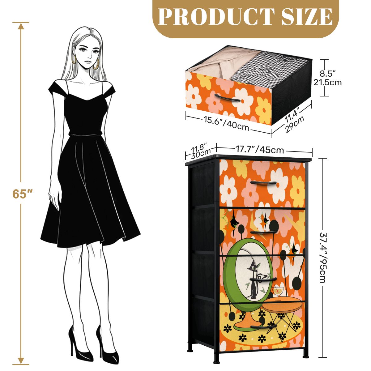 Retro Groovy Cat, Flower Power 70s Vibe, Kitschy Mid Mod 4-Drawer Dresser - Mid Century Modern Gal
