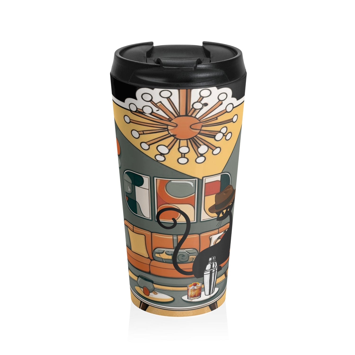 Mid-Century Modern Atomic Cat, Retro Stainless Steel Travel Mug - Stylish Coffee Cup for Home and Office - Mid Century Modern Gal