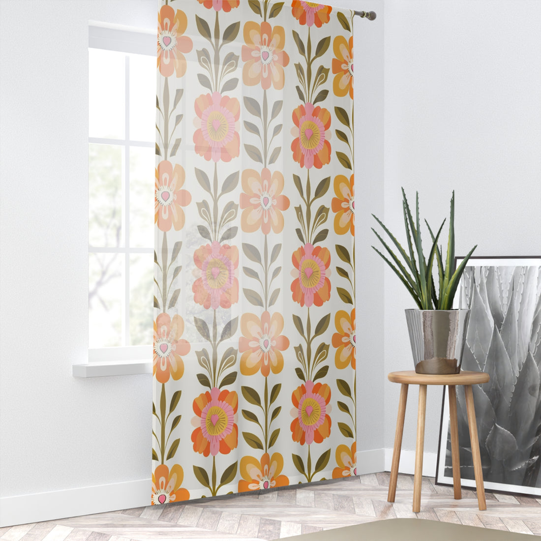 Mid Century Modern Scandinavian Modern Danish Yellow, Orange Green Botanical Garden Floral Sheer Window Curtain - Mid Century Modern Gal