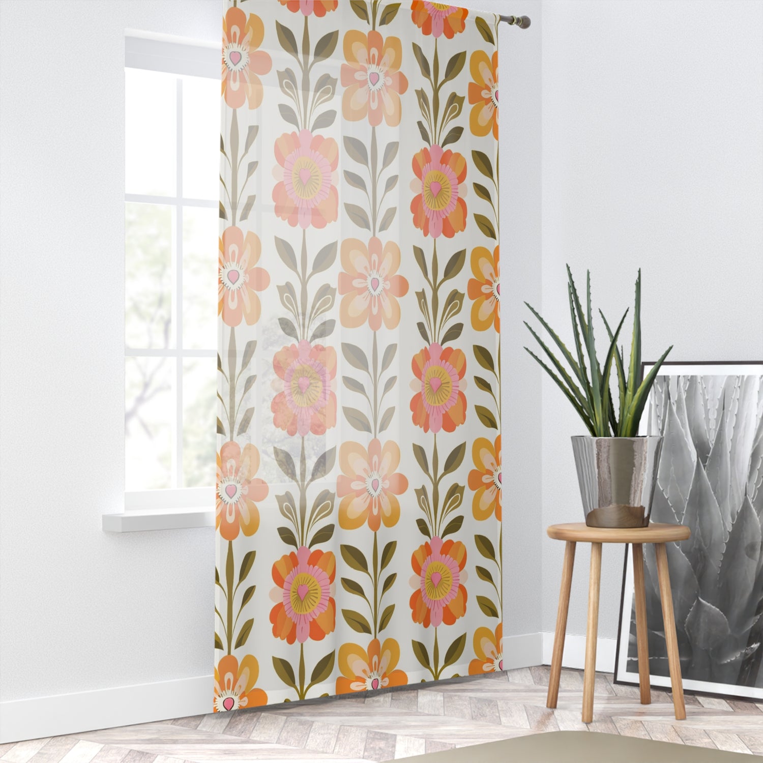 Mid Century Modern Scandinavian Modern Danish Yellow, Orange Green Botanical Garden Floral Sheer Window Curtain - Mid Century Modern Gal