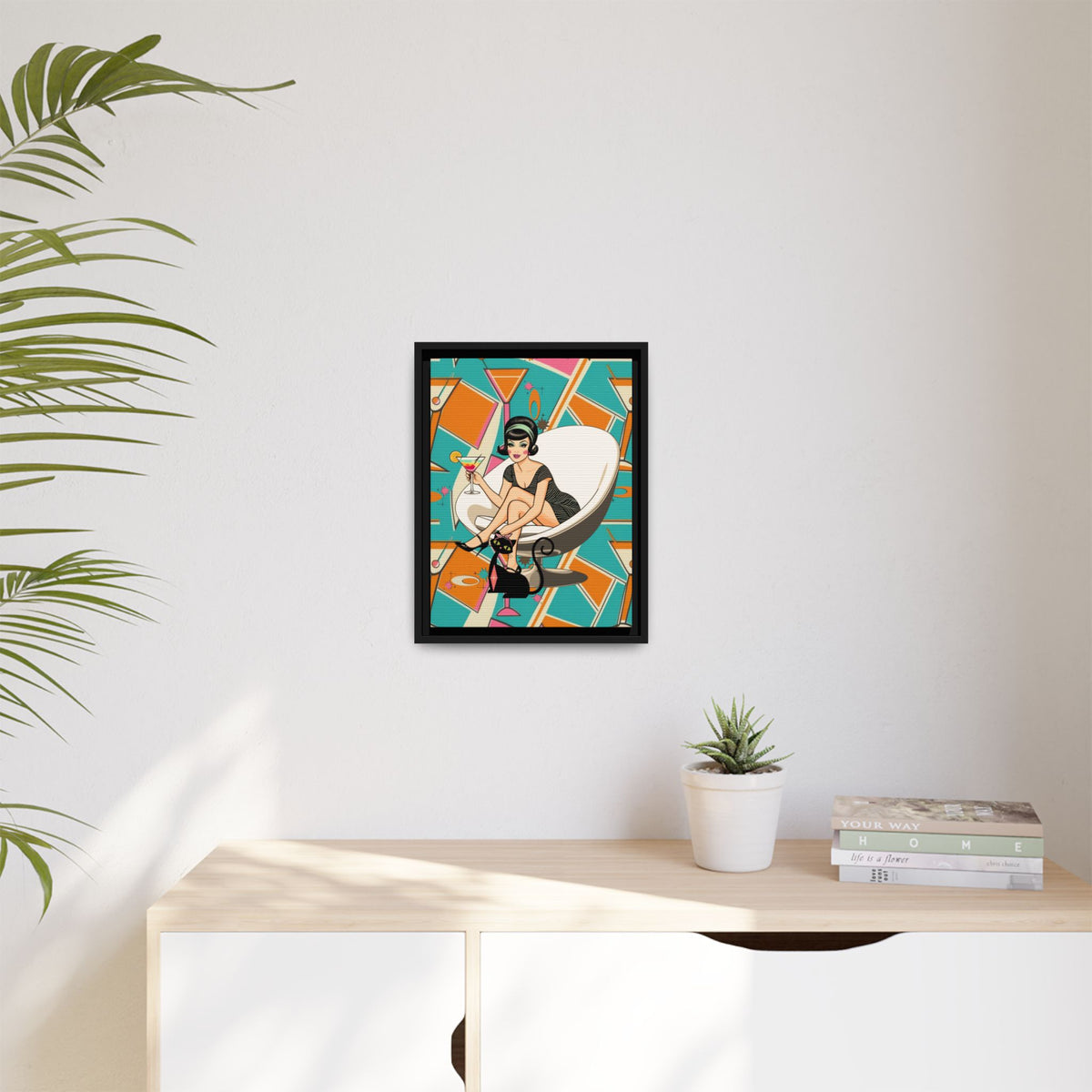 Mid Mod 60s Gal, Atomic Cat Barware Wall Art - Framed Matte Canvas with Vintage Cocktail And Retro Cat Design - Mid Century Modern Gal