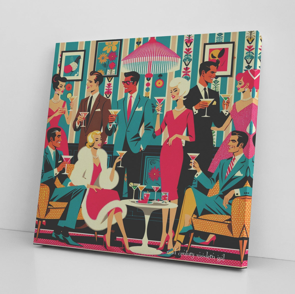 1950's Atomic Martini Cocktail Party, Kitschy Mid Century Modern Wall Art Canvas