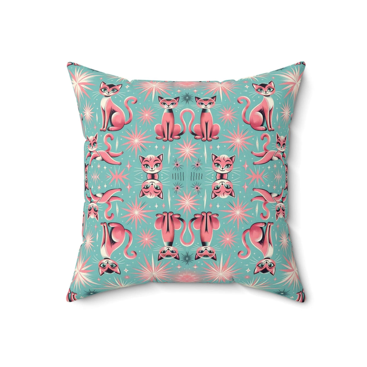 1950's Pink Kitty Cats, Quirky Kitschy Aqua Blue, Pink, MCM Pillow And Cover Home Decor