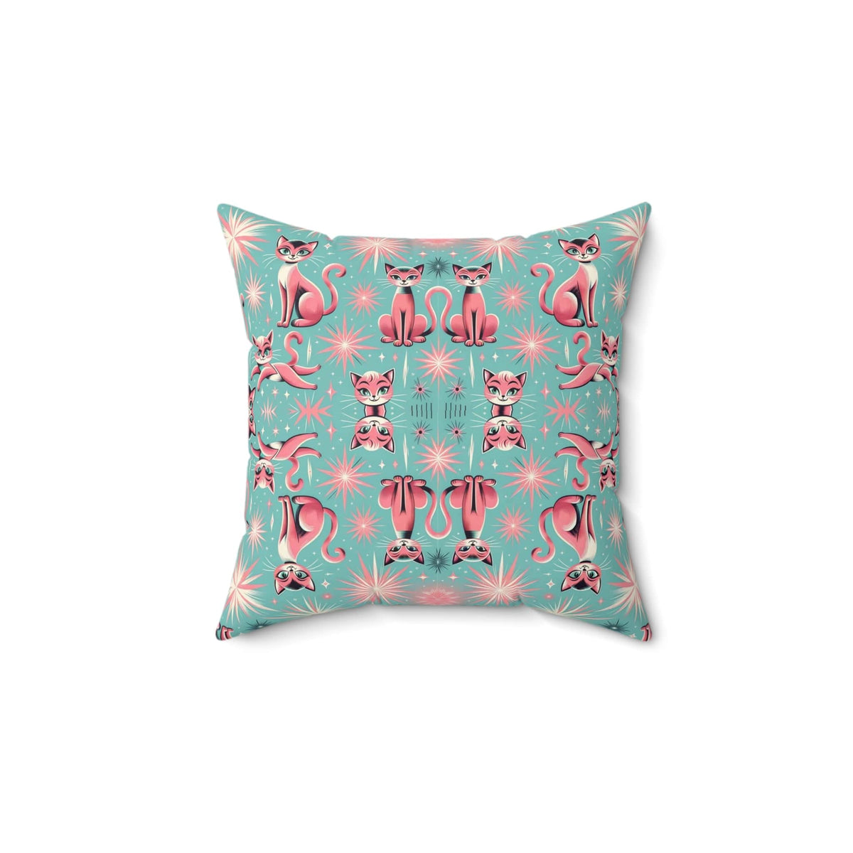 1950's Pink Kitty Cats, Quirky Kitschy Aqua Blue, Pink, MCM Pillow And Cover Home Decor