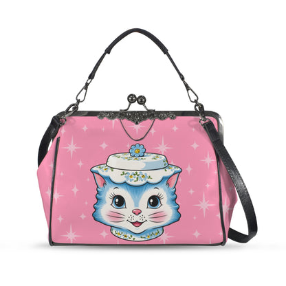 Mid Century Modern Kitschy Anthropomorphic Blue Cat with Floral Hat Kisslock Crossbody Purse