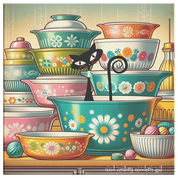 1950s Mid Century Wall Art, Kitschy Cat, Vintage Bowls, Retro Kitchen Decor