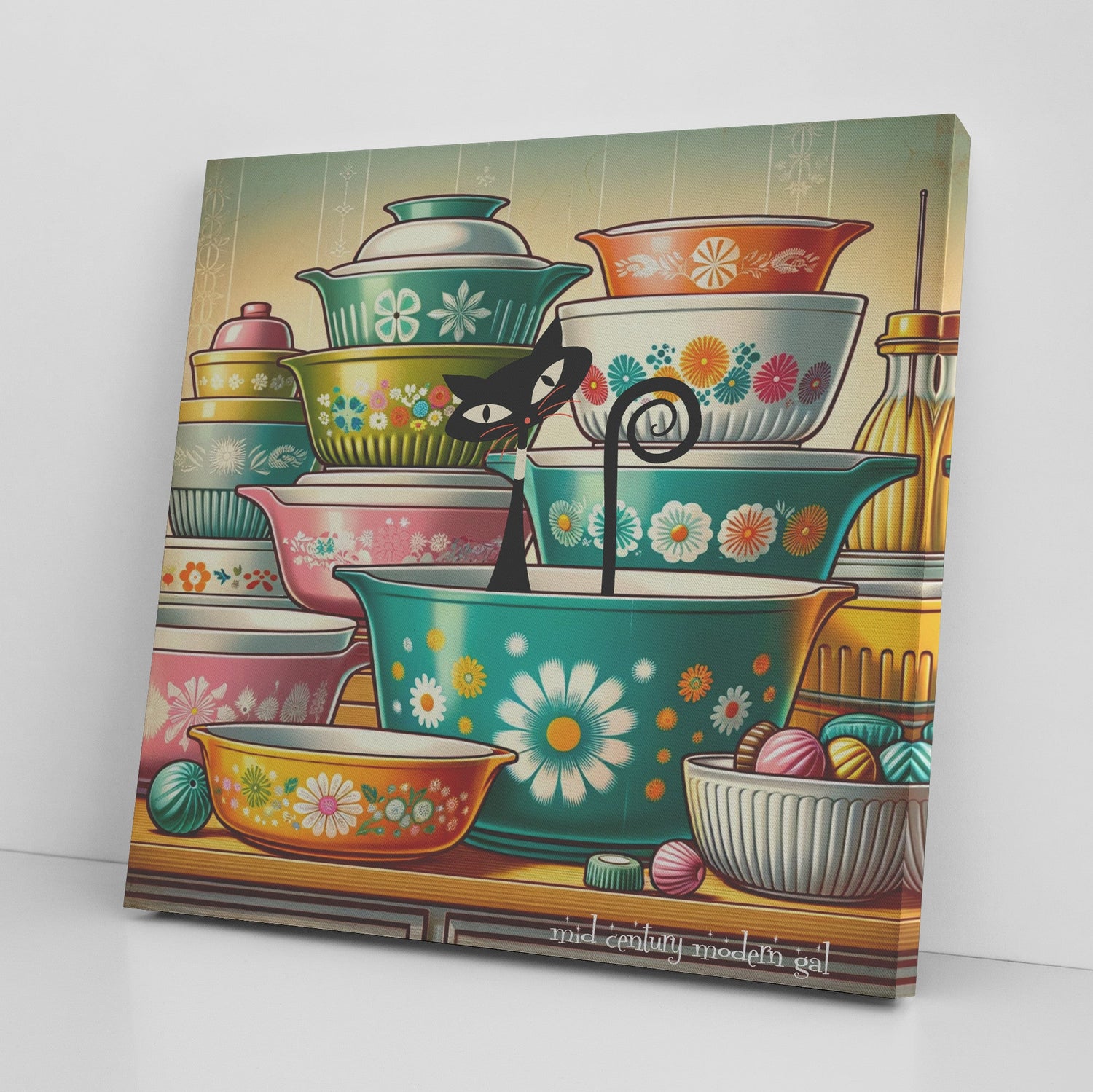 1950s Mid Century Wall Art, Kitschy Cat, Vintage Bowls, Retro Kitchen Decor Canvas