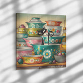 1950s Mid Century Wall Art, Kitschy Cat, Vintage Bowls, Retro Kitchen Decor Canvas