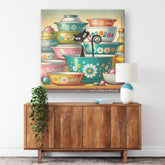 1950s Mid Century Wall Art, Kitschy Cat, Vintage Bowls, Retro Kitchen Decor Canvas Mid Century Modern Gal
