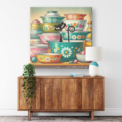 1950s Mid Century Wall Art, Kitschy Cat, Vintage Bowls, Retro Kitchen Decor Canvas