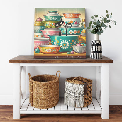 1950s Mid Century Wall Art, Kitschy Cat, Vintage Bowls, Retro Kitchen Decor Canvas