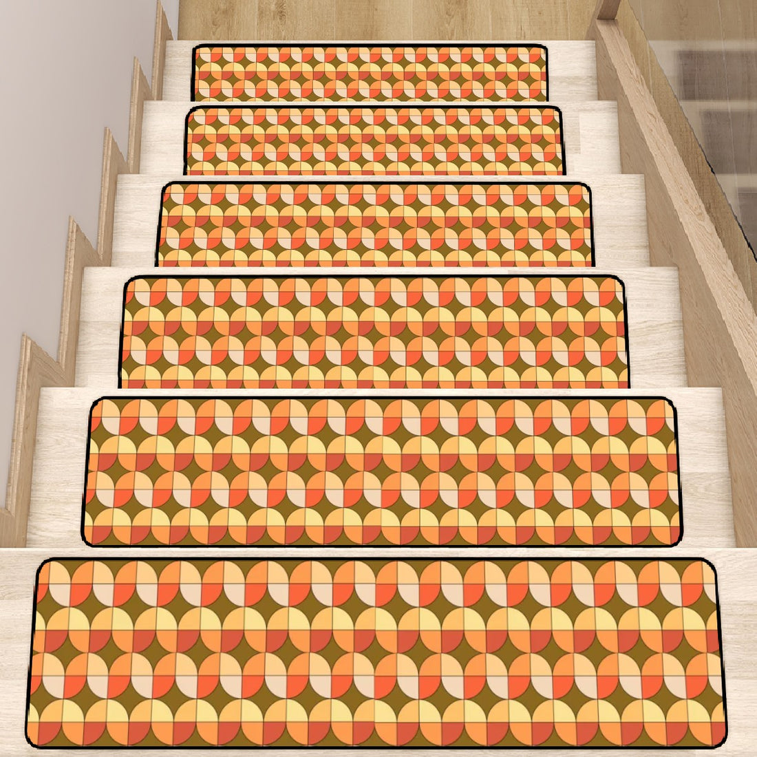 Scandinavian Designed Geometric Orange Brown Golden Yellow Non Slip Carpet for Stairs Treads - Mid Century Modern Gal