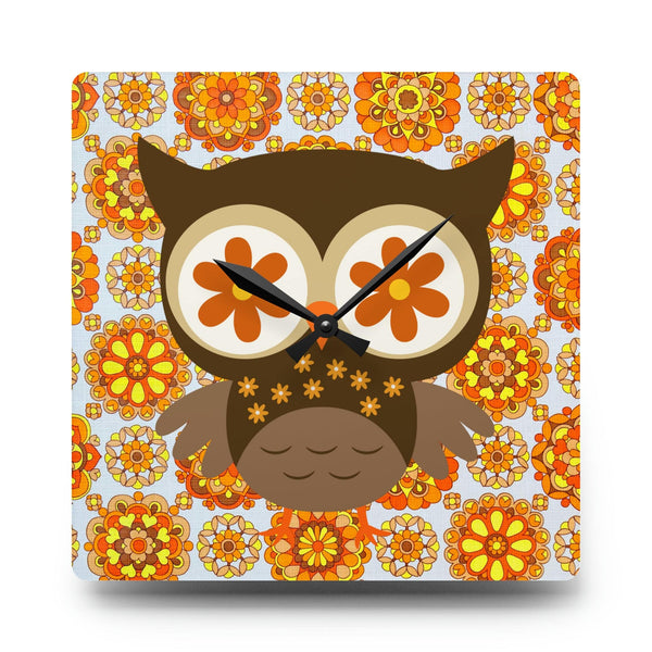 1970's Retro Owl Orange, Mod Groovy Flower Power, Acrylic Wall Clock
