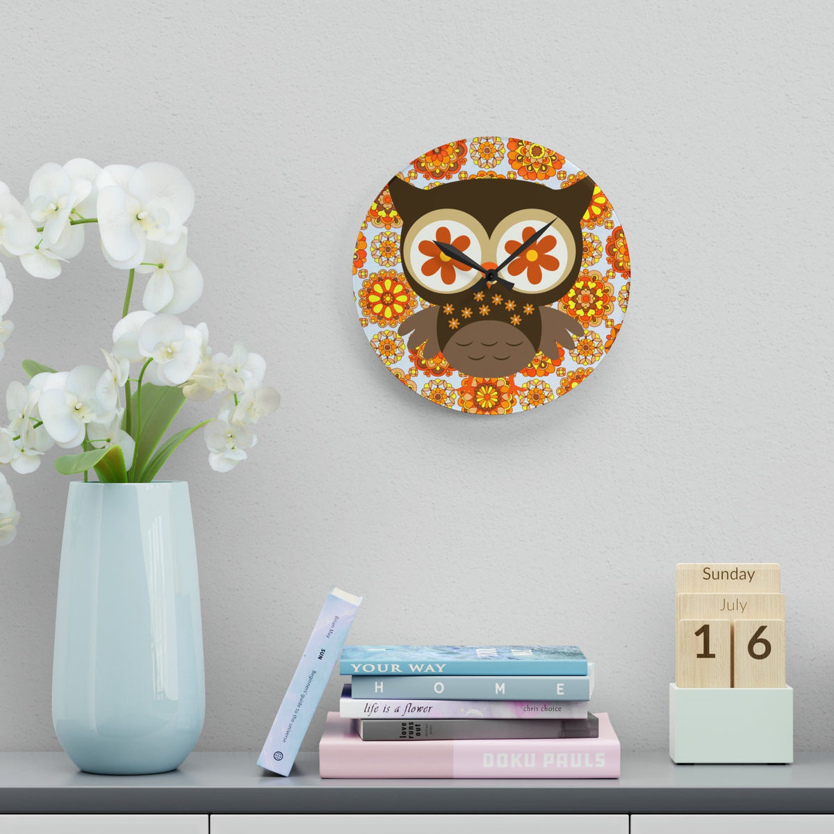 1970's Retro Owl Orange, Mod Groovy Flower Power, Acrylic Wall Clock Home Decor
