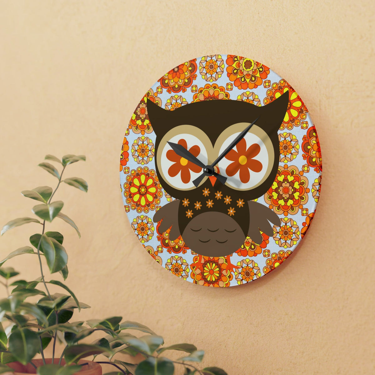 1970's Retro Owl Orange, Mod Groovy Flower Power, Acrylic Wall Clock Home Decor