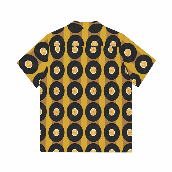 1970's Retro Party Shirt, Groovy Records, Hipster, Mustard Yellow, Black Mid Century Modern Men's Hawaiian Shirt