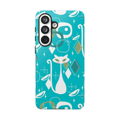 Atomic Cat Space Designs, Mid Century Modern, Aqua, White Kitschy Cat Tough Phone Case