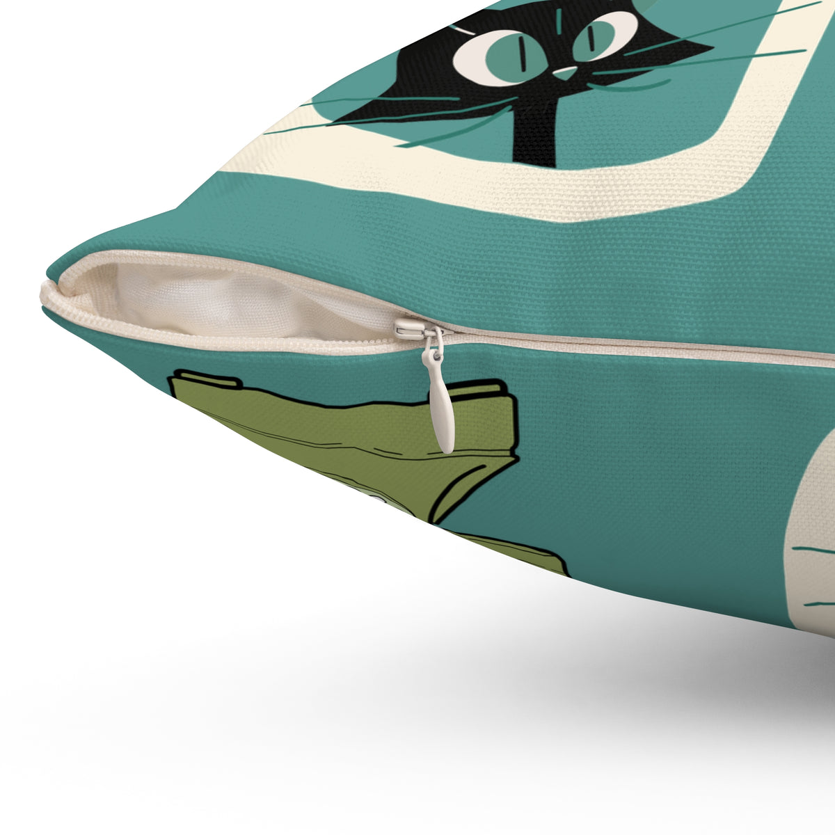 Atomic Space Cat, Teal Mid Century Modern Kitschy Mod Decorative Pillow - Mid Century Modern Gal