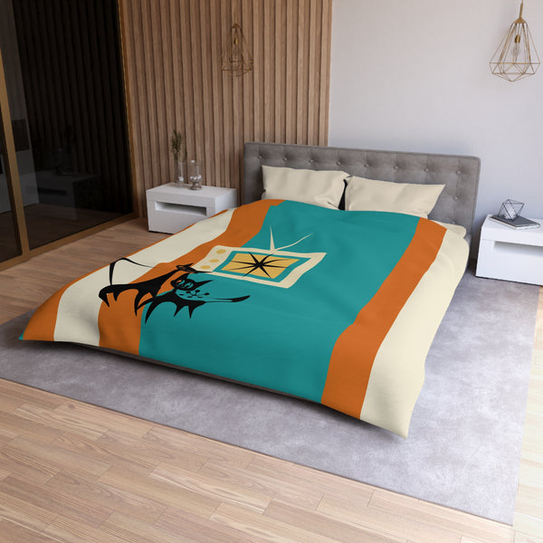 Atomic Cat Mid Century Modern Vintage Cat TV Microfiber Duvet Cover - Retro Home Décor