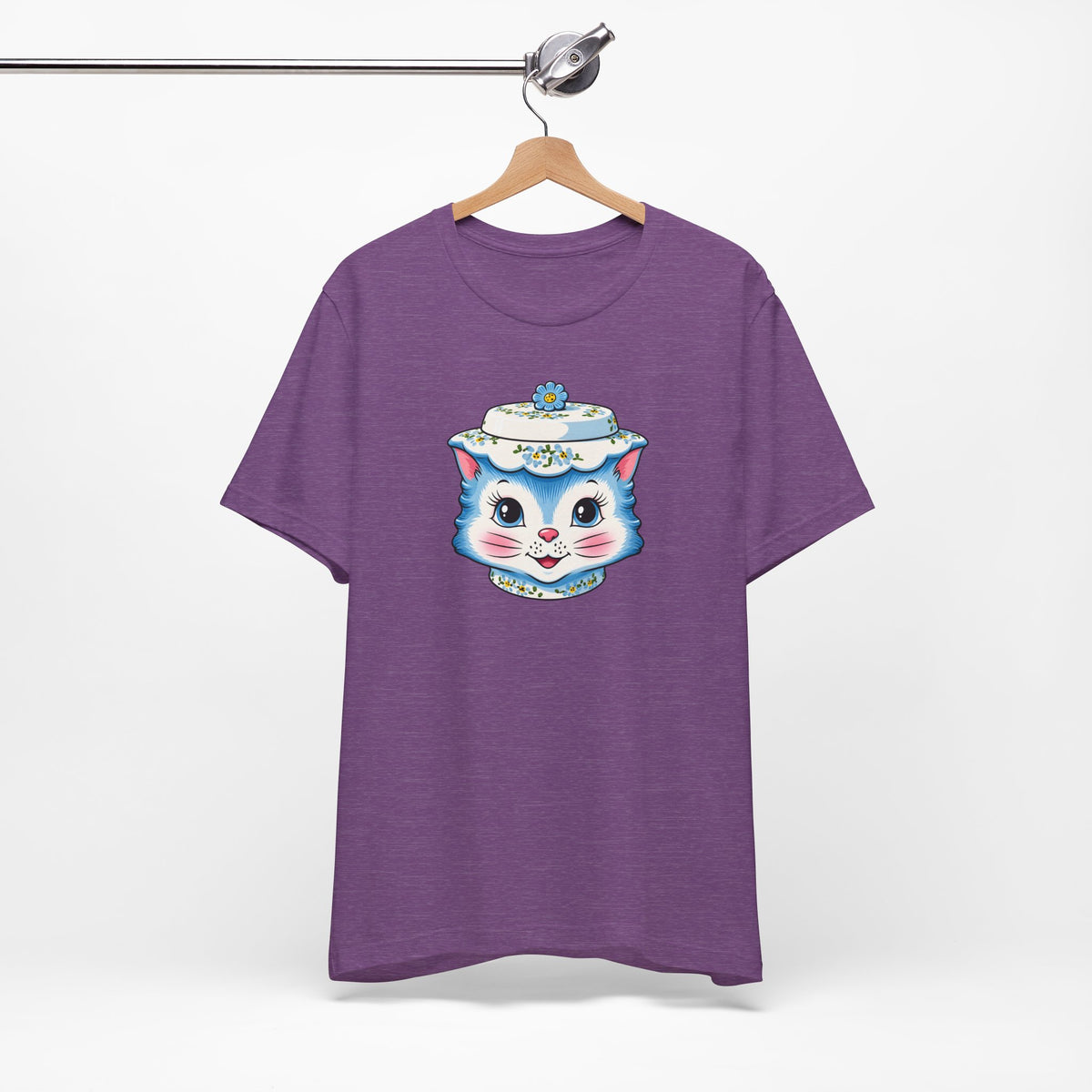 Mid Century Modern Kitschy Anthropomorphic Blue Cat with Floral Hat Unisex T-Shirt