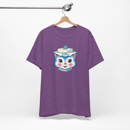 Mid Century Modern Kitschy Anthropomorphic Blue Cat with Floral Hat Unisex T-Shirt