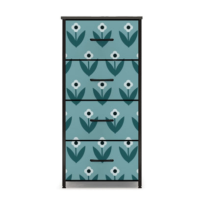Scandinavian Teal Floral Mid Century Modern 4-Drawer Dresser - Mid Century Modern Gal