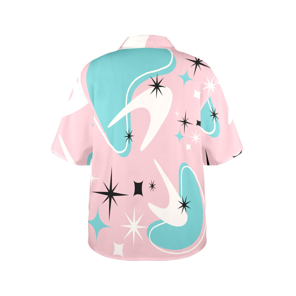 Atomic Pink Boomerang Aqua, White Retro Mid Mod Women's Hawaiin Shirt - Mid Century Modern Gal