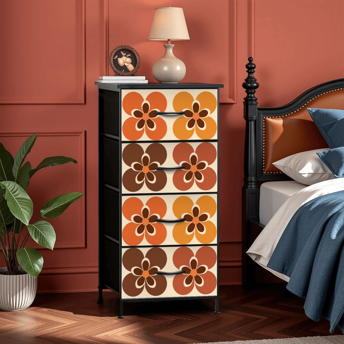 Groovy 60s Mod Flowers Orange Brown 4-Drawer Dresser - Mid Century Modern Gal