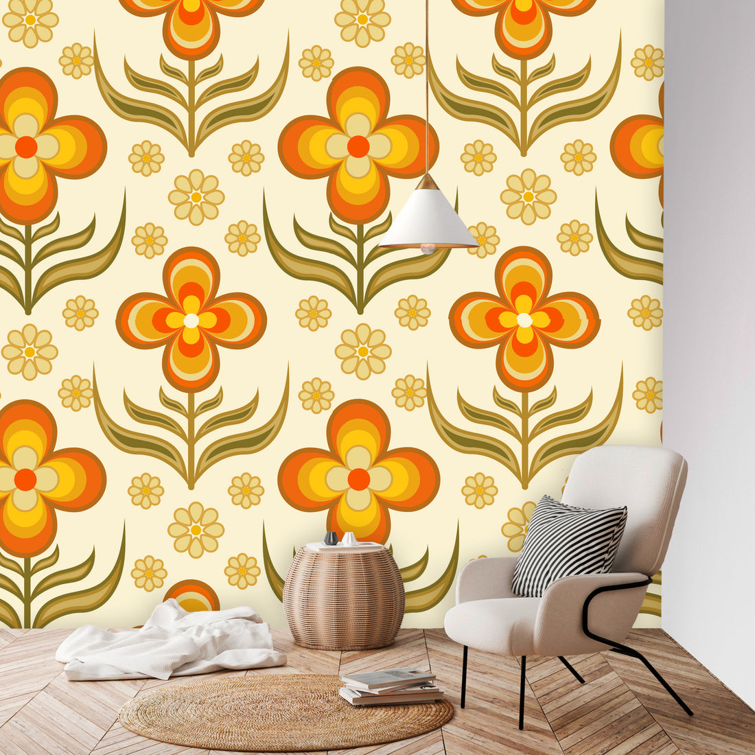 Flower Power, Scandinavian Floral Wallpaper, Peel And Stick Orange, Yellow Green Wall Mural